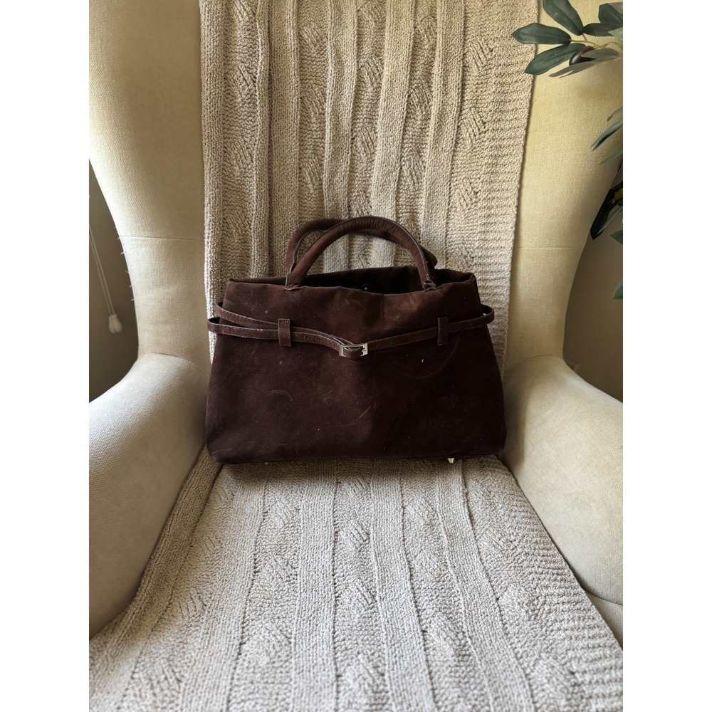Chocolate Brown Suede Satchel Handbag Belted Top Handle Work Tote Bag